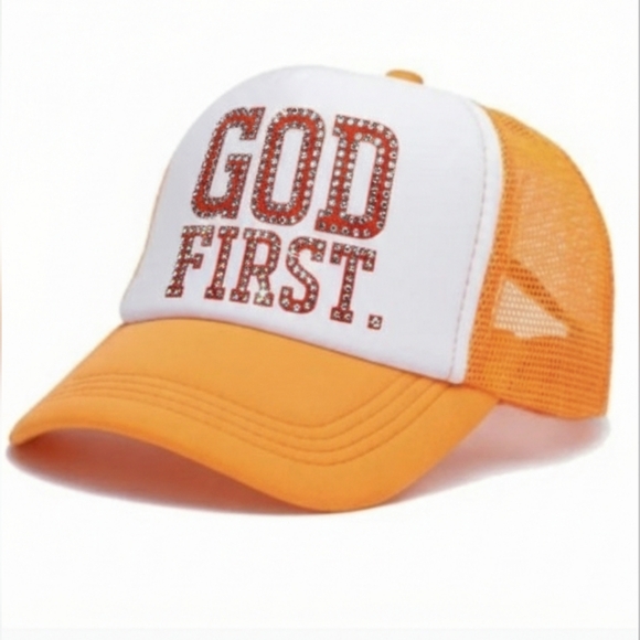 GOD FIRST. Orange and White Trucker Cap 🧢 UNISEX - Picture 4 of 7